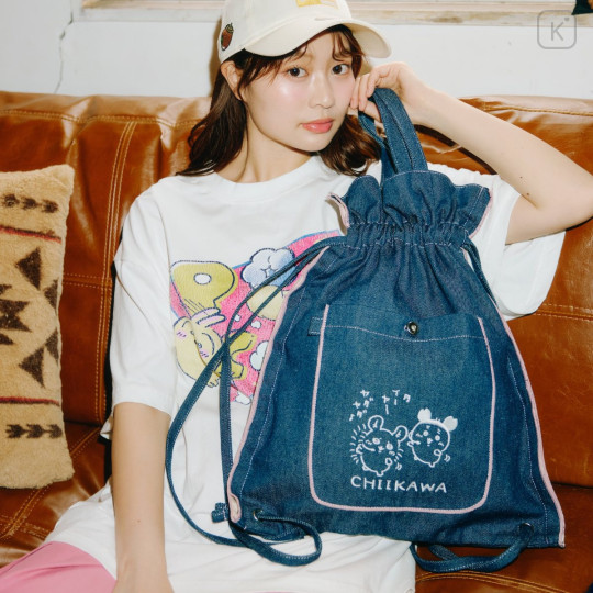 Japan Chiikawa Denim Knapsack - Furuhonya Kani-chan & Momonga : Let's Dance Indigo - 2