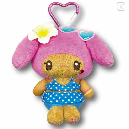 Japan Sanrio Mini Plush Pouch with Carabiner - My Melody & Usahana : Heart Eyes Summer Tan Sunburned Swimsuit Gal - 1