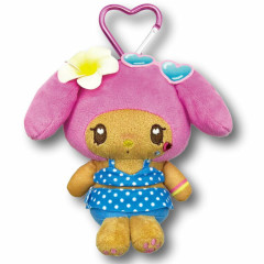 Japan Sanrio Mini Plush Pouch with Carabiner - My Melody & Usahana : Heart Eyes Summer Tan Sunburned Swimsuit Gal