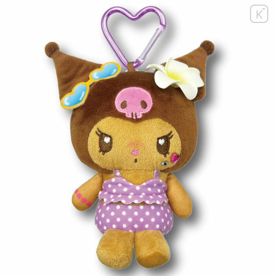 Japan Sanrio Mini Plush Pouch with Carabiner - Kuromi : Heart Eyes Summer Tan Sunburned Swimsuit Gal - 1