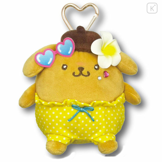 Japan Sanrio Mini Plush Pouch with Carabiner - Pompompurin : Heart Eyes Summer Tan Sunburned Swimsuit Gal - 1
