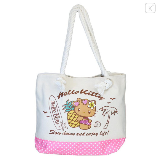Japan Sanrio Canvas Rope Handle Tote Bag - Hello Kitty : Heart Eyes Summer Tan Sunburned Swimsuit Gal - 1