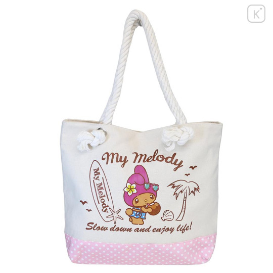 Japan Sanrio Canvas Rope Handle Tote Bag - My Melody : Heart Eyes Summer Tan Sunburned Swimsuit Gal - 1