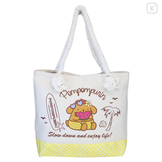 Japan Sanrio Canvas Rope Handle Tote Bag - Pompompurin : Heart Eyes Summer Tan Sunburned Swimsuit Gal - 1