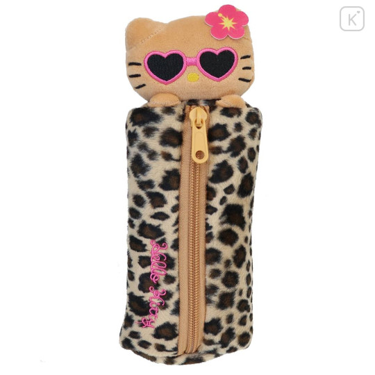 Japan Sanrio Fluffy Plush Pen Case - Hello Kitty : Tan Sunburned Sunglasses Leopard - 1