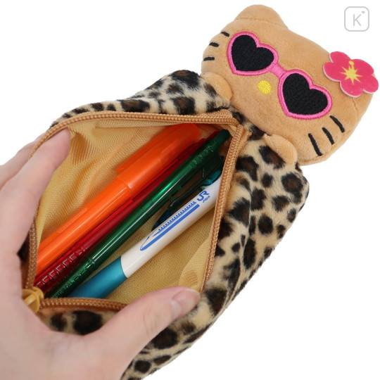 Japan Sanrio Fluffy Plush Pen Case - Hello Kitty : Tan Sunburned Sunglasses Leopard - 3