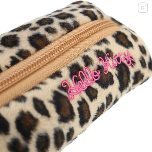 Japan Sanrio Fluffy Plush Pen Case - Hello Kitty : Tan Sunburned Sunglasses Leopard - 4