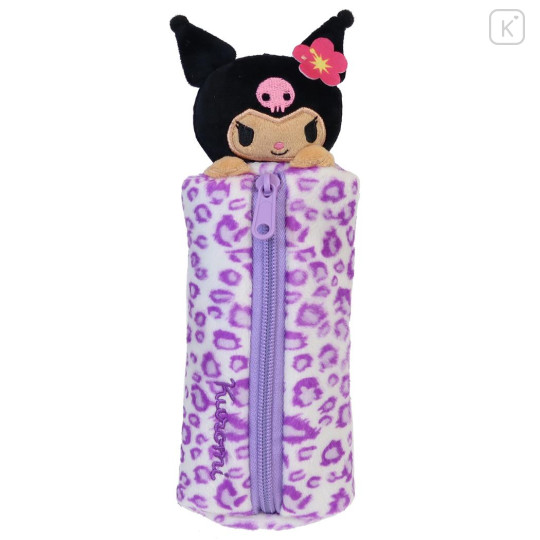 Japan Sanrio Fluffy Plush Pen Case - Kuromi : Tan Sunburned Leopard - 1