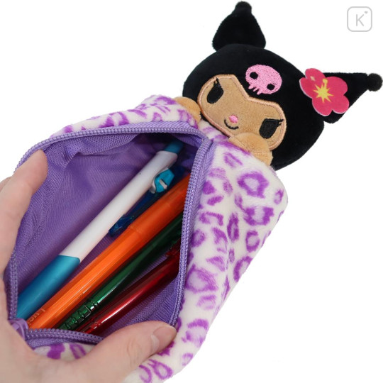 Japan Sanrio Fluffy Plush Pen Case - Kuromi : Tan Sunburned Leopard - 3