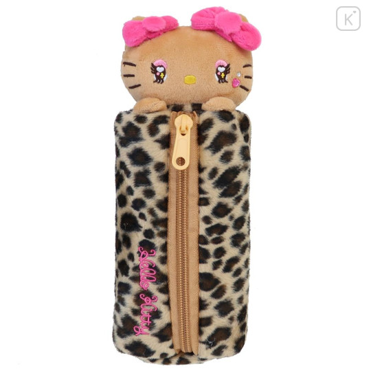 Japan Sanrio Fluffy Plush Pen Case - Hello Kitty : Tan Sunburned Leopard Heart Eyes Gal - 1