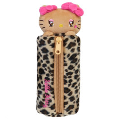 Japan Sanrio Fluffy Plush Pen Case - Hello Kitty : Tan Sunburned Leopard Heart Eyes Gal