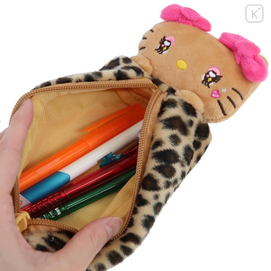 Japan Sanrio Fluffy Plush Pen Case - Hello Kitty : Tan Sunburned Leopard Heart Eyes Gal - 3