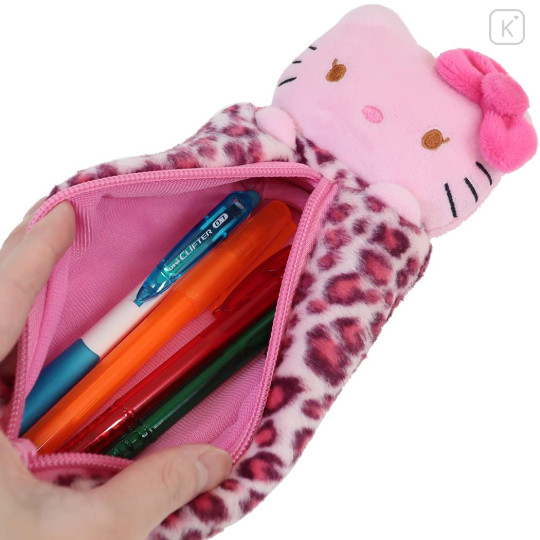 Japan Sanrio Fluffy Plush Pen Case - Hello Kitty : Leopard Pink - 3