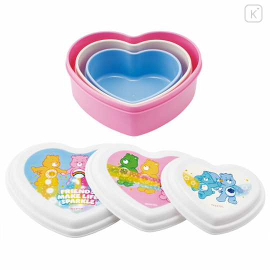 Japan Care Bears Nesting Food Storage Container Set - Heart Shape Blue Pink White - 2