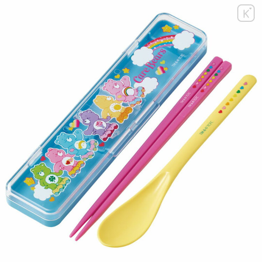 Japan Care Bears Chopsticks 18cm & Spoon with Case - Blue Pink Yellow - 1