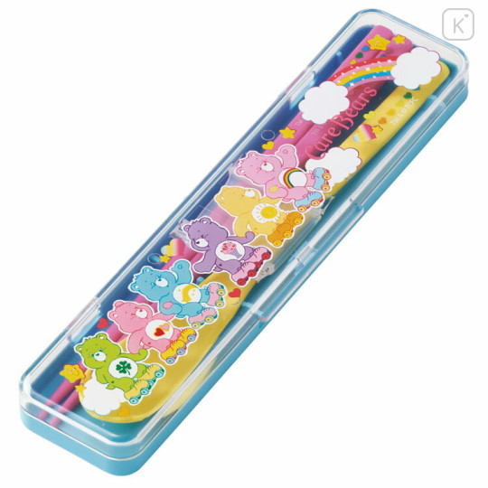 Japan Care Bears Chopsticks 18cm & Spoon with Case - Blue Pink Yellow - 3