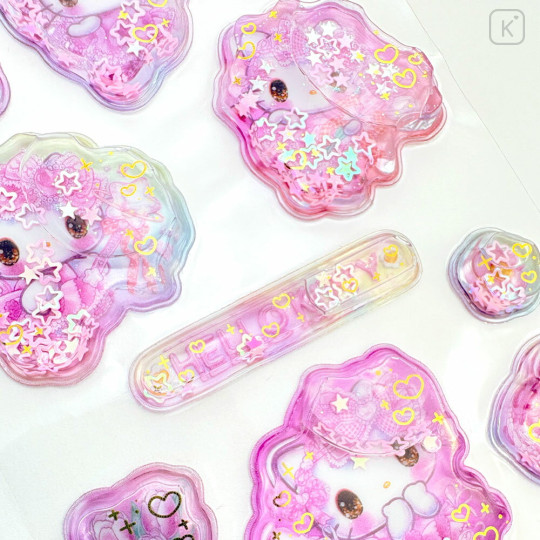 Japan Amenomori Fumika × Sanrio Water In Seal Sequins Puffy Sticker - Hello Kitty : Pink Angel Sparkling 3D - 2