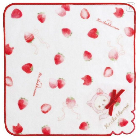 Japan San-X Rilakkuma Mini Towel - Korilakkuma with Strawberry Cat / Red Ribbon - 1