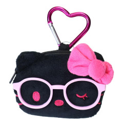 Japan Sanrio Face-shaped Pouch with Carabiner - Hello Kitty : Black Pink Gal with Glasses