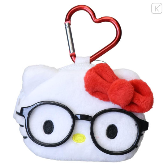 Japan Sanrio Face-shaped Pouch with Carabiner - Hello Kitty : Classic with Glasses - 1