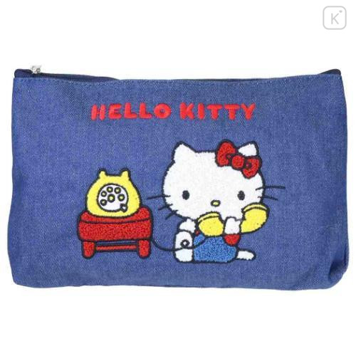 Japan Sanrio Denim Sagara Embroidery Cosmetic Pouch - Hello Kitty : Phone Call - 1