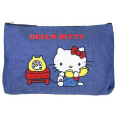 Japan Sanrio Denim Sagara Embroidery Cosmetic Pouch - Hello Kitty : Phone Call