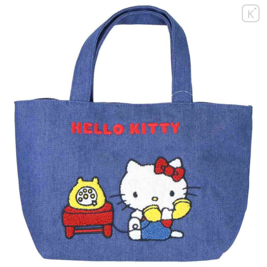 Japan Sanrio Denim Sagara Embroidery Lunch Bag - Hello Kitty : Phone Call - 1