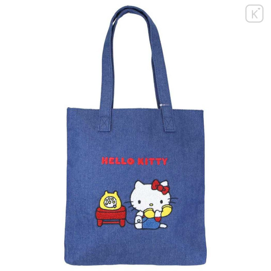 Japan Sanrio Denim Sagara Embroidery Tote Bag - Hello Kitty : Phone Call - 1