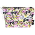 Japan Sanrio Cosmetic Pouch - Hello Kitty : Canvas Tan Sunburned Pink Flower - 1