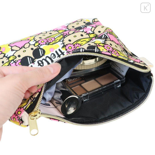 Japan Sanrio Cosmetic Pouch - Hello Kitty : Canvas Tan Sunburned Pink Flower - 3