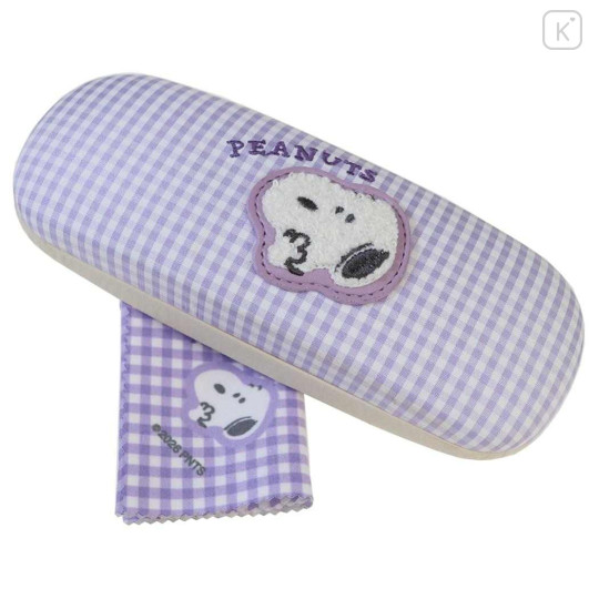 Japan Peanuts Glasses Case with Cloth - Snoopy : Gingham Light Purple - 1