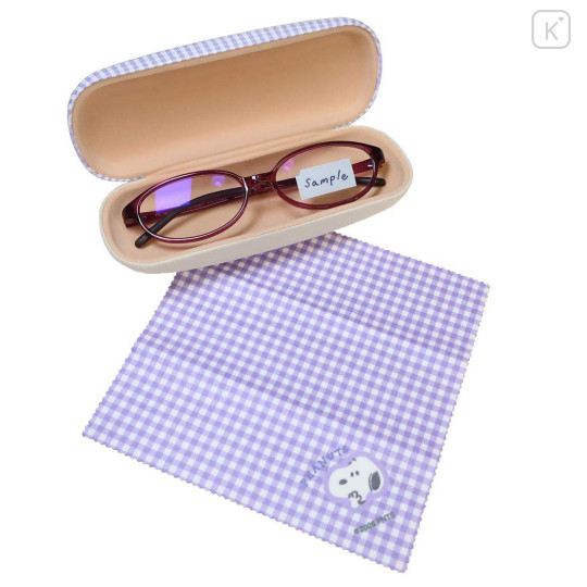 Japan Peanuts Glasses Case with Cloth - Snoopy : Gingham Light Purple - 2