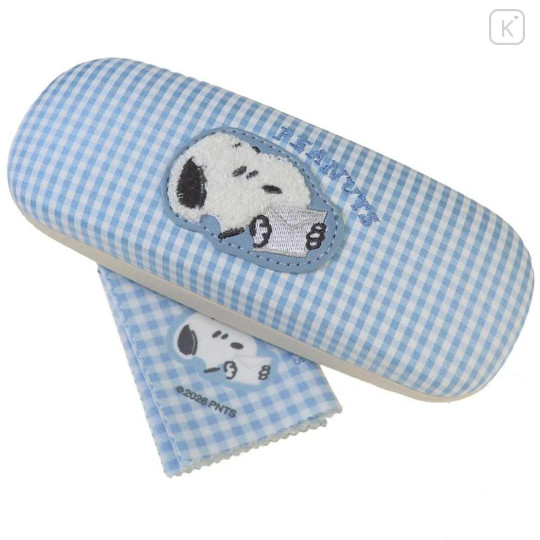 Japan Peanuts Glasses Case with Cloth - Snoopy : Gingham Light Blue - 1