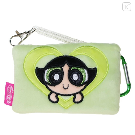 Japan The Powerpuff Girls Fluffy Pass Case Card Holder & Coil Spring - Buttercup Face Heart - 1