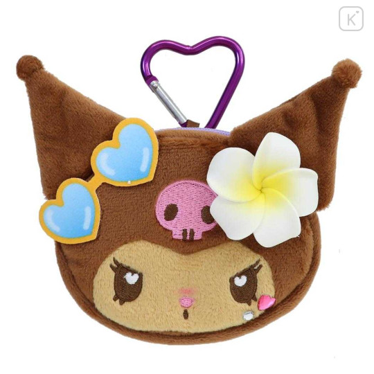 Japan Sanrio Face-shaped Pouch with Carabiner - Kuromi : Heart Eyes Summer Tan Sunburned Swimsuit Gal - 1