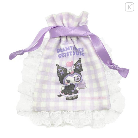 Japan Sanrio Gingham Mini Drawstring Bag - Kuromi : Dreamy Sweets Ghost House - 1