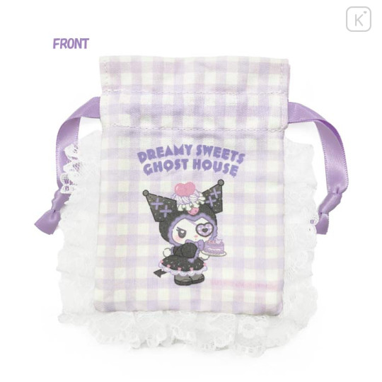 Japan Sanrio Gingham Mini Drawstring Bag - Kuromi : Dreamy Sweets Ghost House - 2