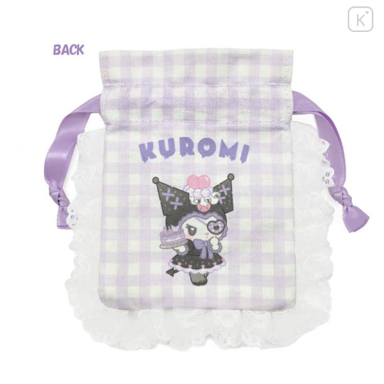 Japan Sanrio Gingham Mini Drawstring Bag - Kuromi : Dreamy Sweets Ghost House - 3