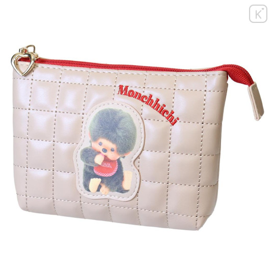 Japan Monchhichi 3 Pocket Cosmetic Pouch - Monchhichi-kun : Quilted Light Brown - 1