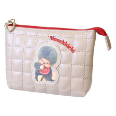 Japan Monchhichi 3 Pocket Cosmetic Pouch - Monchhichi-kun : Quilted Light Brown