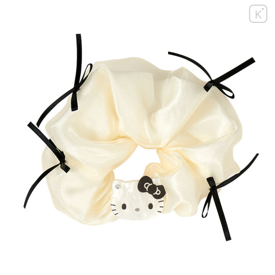 Japan Sanrio Original Scrunchie - Hello Kitty : Ivory Pearl Marble Black Ribbon - 1