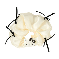 Japan Sanrio Original Scrunchie - Hello Kitty : Ivory Pearl Marble Black Ribbon