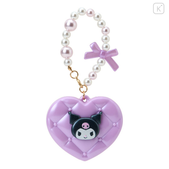 Japan Sanrio Original Heart-Shaped Compact Mirror with Bead Charm - Kuromi : Elegant Quilted - 1