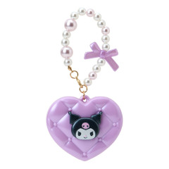 Japan Sanrio Original Heart-Shaped Compact Mirror with Bead Charm - Kuromi : Elegant Quilted