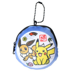 Japan Pokemon Mini Round Accessory Pouch - Eevee & Pikachu : Japanese Style Blue
