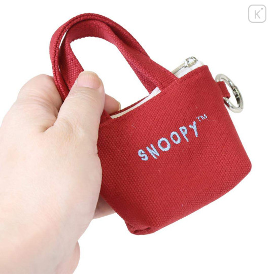 Japan Peanuts Mini Accessory Pouch with Carabiner - Snoopy : Embroidery Tote Bag Style Wine Red - 2