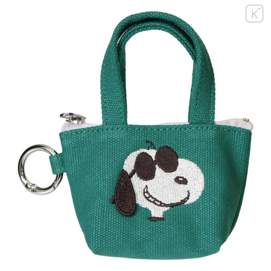 Japan Peanuts Mini Accessory Pouch with Carabiner - Snoopy : Joe Cool Embroidery Tote Bag Style Deep Green - 1