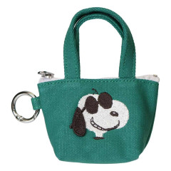 Japan Peanuts Mini Accessory Pouch with Carabiner - Snoopy : Joe Cool Embroidery Tote Bag Style Deep Green