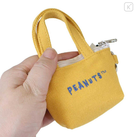 Japan Peanuts Mini Accessory Pouch with Carabiner - Snoopy & Woodstock : Embroidery Tote Bag Style Yellow - 2