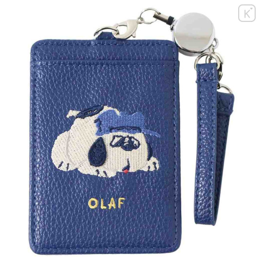 Japan Peanuts Pass Case Card Holder & Reel - Olaf : Embroidery Blue - 1